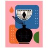 Mid-century modern style drawing of a single flower in a black vase, with blue and orange squares behind it.