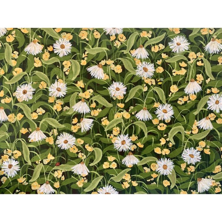 Painting filled with small white flowers, and smaller pale yellow ones. All with many green leaves. A ladybug, and a bee hide amongst them.