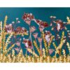 Painting of 7 field mice. They climb on thin branches with tiny flowers, perch on dried lotus pods, and rest on strands of golden grass.