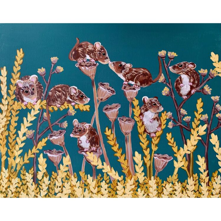 Painting of 7 field mice. They climb on thin branches with tiny flowers, perch on dried lotus pods, and rest on strands of golden grass.