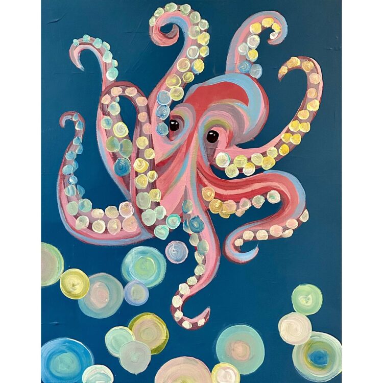 Painting of an octopus. It's body is shades of pink with pale blue accents. Its 8 arms are dotted with yellow, blue, pink, and green suckers.