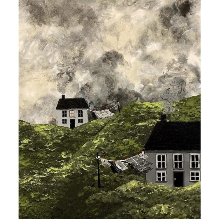 Painting of 2 grey houses on grassy hills. Each has a clothesline where grey laundry blows in the wind. The sky is filled with grey clouds.