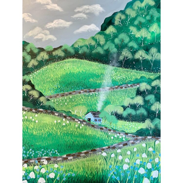 Painting of small blue house on the side of a grassy hill. Dotted with blue and white flowers. A low stone wall runs back and forth.
