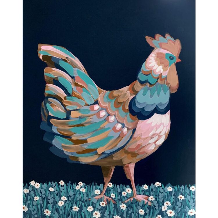 Painting of a chicken with pink, blue, turquoise, and caramel feathers. It stands on blue-green grass full of white flowers.