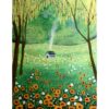 Painting of small blue house standing in the middle of a clearing past the trees. The grass is full of orange poppies, and white flowers.