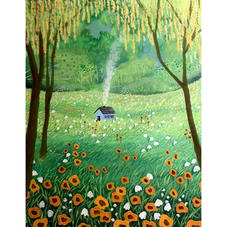 Painting of small blue house standing in the middle of a clearing past the trees. The grass is full of orange poppies, and white flowers.