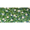 Painting filled with small white flowers, and smaller blue ones. All with many green leaves. A tiny caterpillar hides amongst them.
