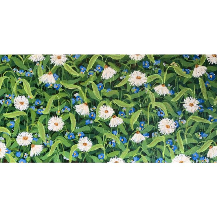 Painting filled with small white flowers, and smaller blue ones. All with many green leaves. A tiny caterpillar hides amongst them.