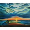 Painting of an orange sun rising over Lake Ontario. Along the horizon the sky glows deep coral, while above it remains inky blue.