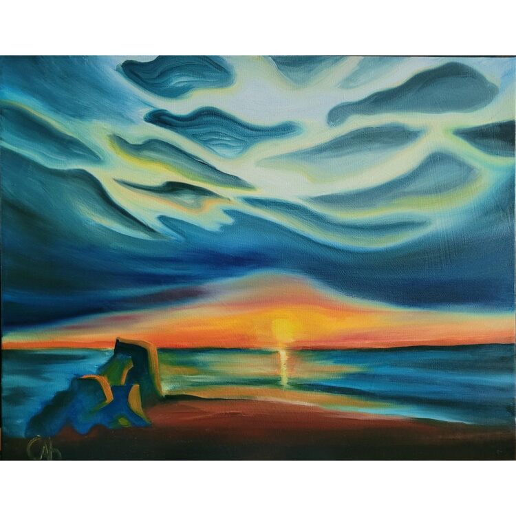Painting of an orange sun rising over Lake Ontario. Along the horizon the sky glows deep coral, while above it remains inky blue.