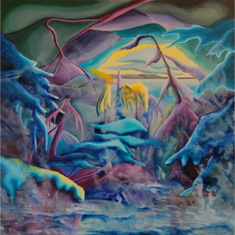 Painting of surreal blue and purple trees, next to a pond. All shrouded in mist. The sky above is dark, but becomes clear on the distance.