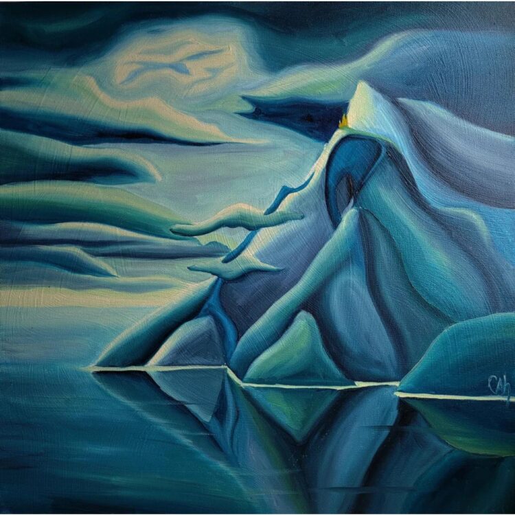 Painting of a rock island reflecting on a cool blue lake with the soft moonlight peeking through the clouds. Everything is in shades of blue.