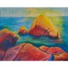 Painting of a group of orange and red rocks jutting out of the blue water of Lake Superior. The yellow glow of the sun reflects off them.