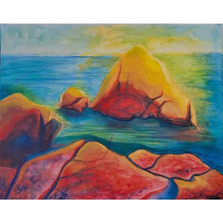 Painting of a group of orange and red rocks jutting out of the blue water of Lake Superior. The yellow glow of the sun reflects off them.