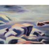 Painting of the rocky shoreline of Katherine Cove, at Lake Superior. White rocks with purple shadows crop out into the moody grey water.