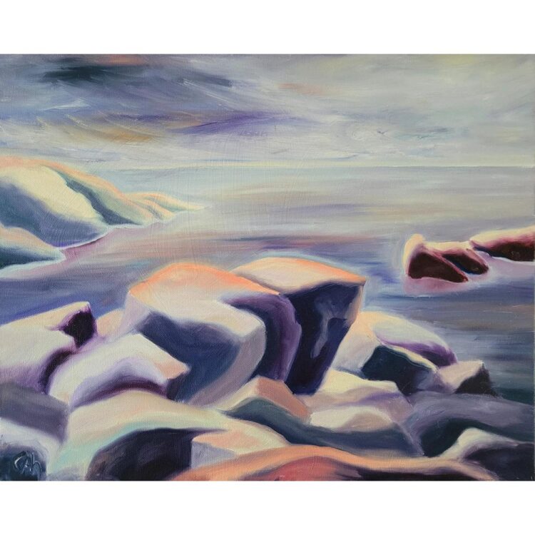 Painting of the rocky shoreline of Katherine Cove, at Lake Superior. White rocks with purple shadows crop out into the moody grey water.