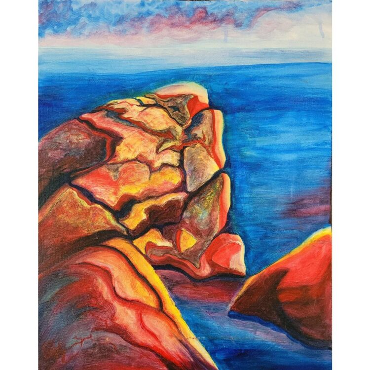 Painting of large rocks along the shoreline of Lake Superior. The rocks glow red & yellow from the sun, highlighting each one's unique shape.