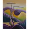 Painting of 3 slender surreal trees, shaped as segments of long soft blobs. The forest and mountains lie behind. In shades of purple and gold.