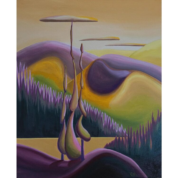 Painting of 3 slender surreal trees, shaped as segments of long soft blobs. The forest and mountains lie behind. In shades of purple and gold.