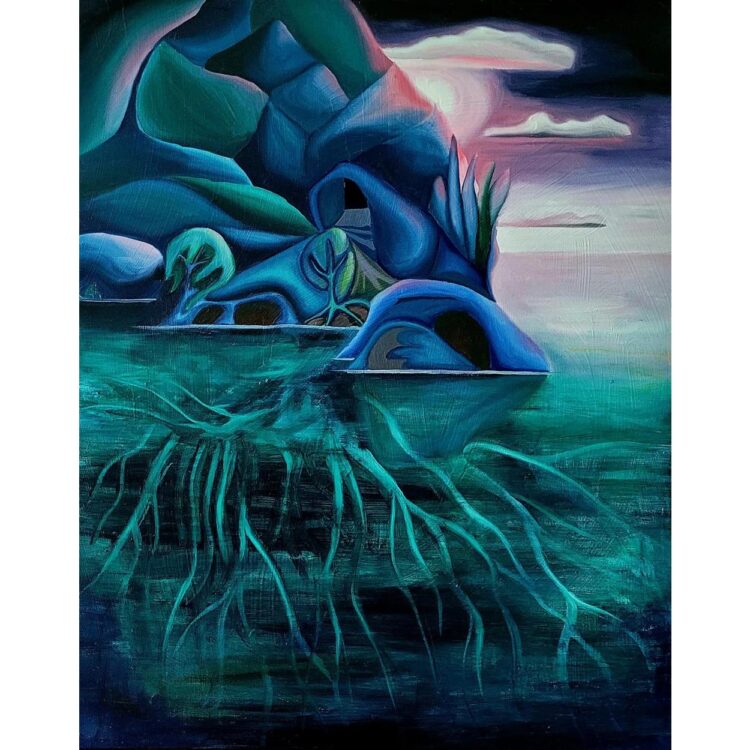 Painting of a surreal rock island, rising tall above the water. Below the surface, the island has roots that reach deep. In blues and teals.