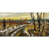 Painting of a dirt path cutting through tall golden grass, and white barked trees. The trees are bare for the winter. The sky glows yellow.
