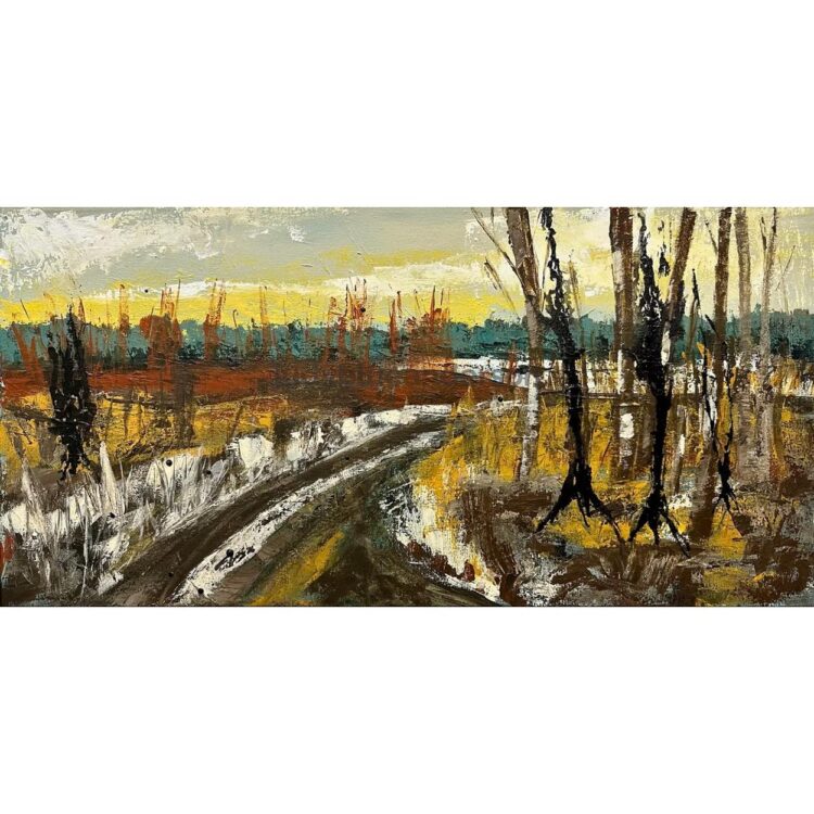 Painting of a dirt path cutting through tall golden grass, and white barked trees. The trees are bare for the winter. The sky glows yellow.