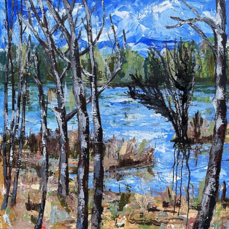 Painting of bright blue water. Grey brown trees with no leaves stand amongst golden grass on the near shore. Green trees line the far shore.