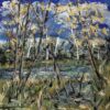Painting of trees next to a blue marsh. Their branches are half bare, and spotted with the soft yellow leaves that comes with fall.