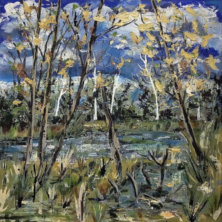 Painting of trees next to a blue marsh. Their branches are half bare, and spotted with the soft yellow leaves that comes with fall.