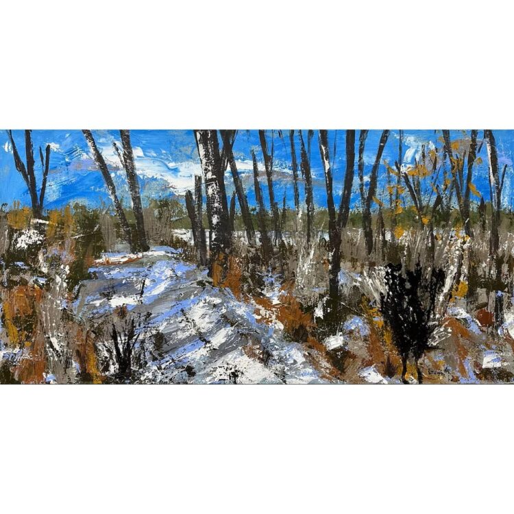 Painting of snow covered path cutting through a mix of tall grass, and trees. The trees are bare with spots of snow clinging to their trunks.