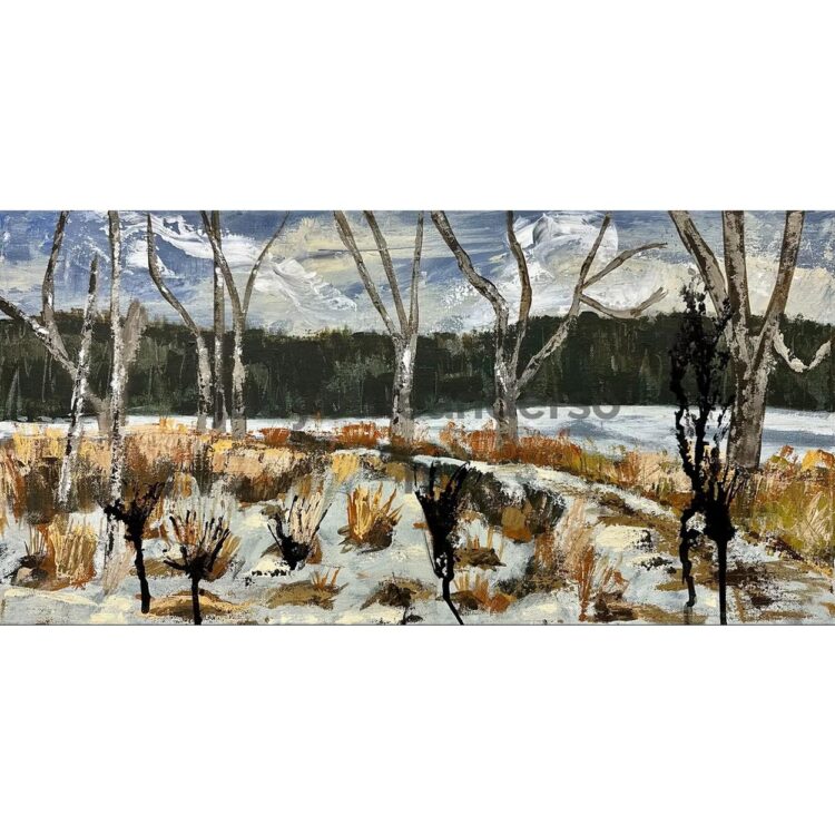Painting of wild grass in shades of gold, umber, sand, and olive. Snow covers the ground. Leafless grey trees stand nearby.