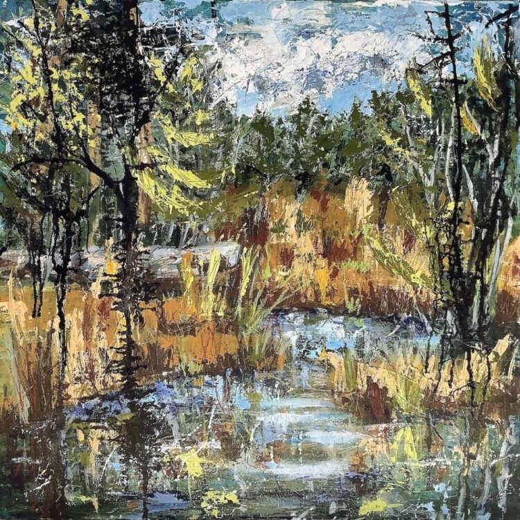 Painting of gold and amber grass growing in a blue water marsh. Surrounded by a forest of tall trees with green leaves.