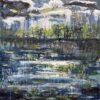 Painting of an inky blue lake with froths of white. Grey clouds float overhead. A green forest can be seen on the shoreline.
