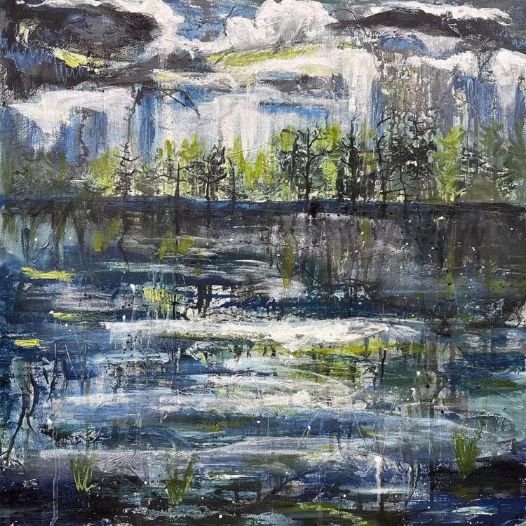 Painting of an inky blue lake with froths of white. Grey clouds float overhead. A green forest can be seen on the shoreline.