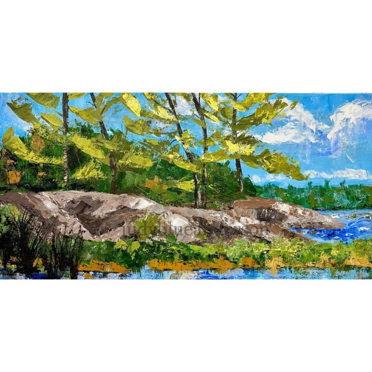 Painting of trees covered in bright green leaves, standing on the shore of water as blue as the sky. Lush greenery grows on the water's edge.