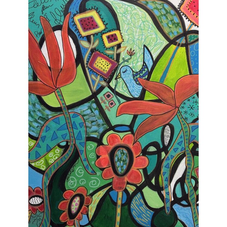 Painting of a small blue bird holding a flower stem in its beak. On a background of blues, greens, and teals, surrounded by abstract flowers.