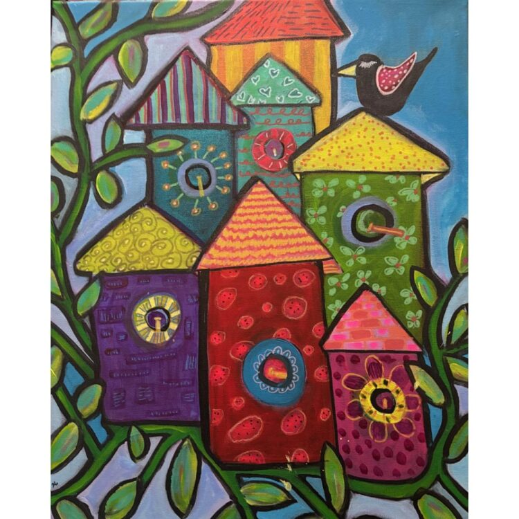 Painting of 7 brightly coloured birdhouses in a tree. A small black bird with white spotted fuchsia wings sleeps atop one of the birdhouses.