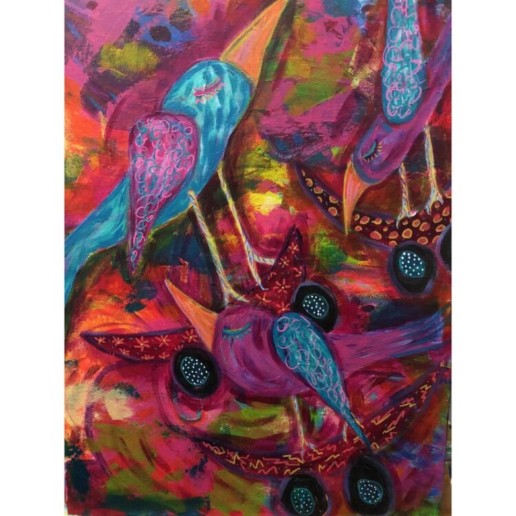 Painting of 3 fuchsia & blue birds, each on a curved skateboard. The skateboards are decorated with flowers, dots, and lightening motifs.