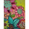 Painting of abstract flowers, larger & small. The largest flower has turquoise petals, while another has pink petals with a turquoise centre.