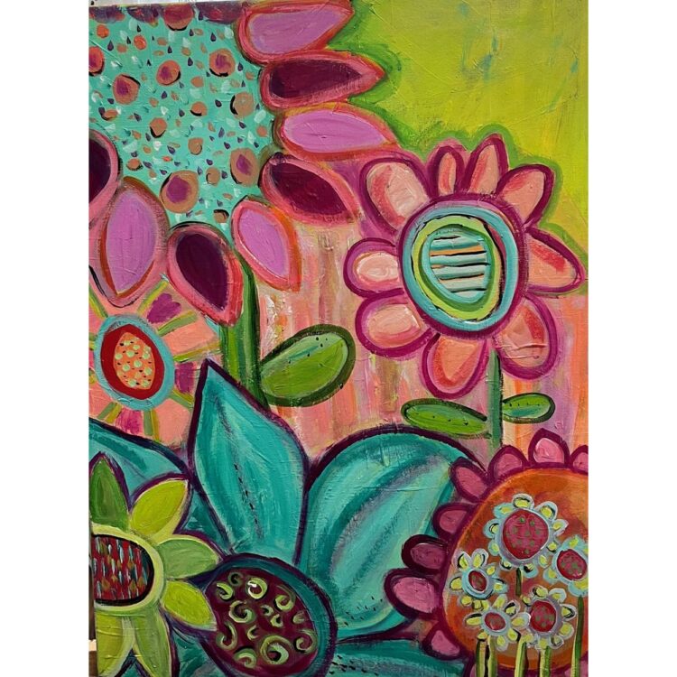 Painting of abstract flowers, larger & small. The largest flower has turquoise petals, while another has pink petals with a turquoise centre.