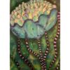 Painting of a giant flower with many pale turquoise and white petals. Its stem & leaves replaced with black & white stripped tentacles.