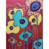 Painting of abstract flowers in turquoise, yellow, and peach. The skinny stems are striped with yellow, blue, and green. On a red background.