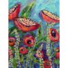 Painting of red lotus pods with creamy yellow centres, on bright green stems. Also abstract red poppies. On a mixed blue background.