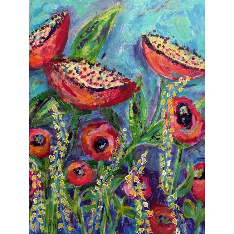 Painting of red lotus pods with creamy yellow centres, on bright green stems. Also abstract red poppies. On a mixed blue background.