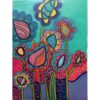 Painting of colourful abstract flowers. Elongated centres, surrounded by scalloped edges. Each decorated with dots, squiggles, x's, & stripes.
