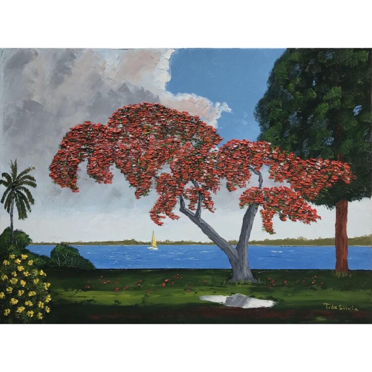 Painting of a large tree full of dark pink flowers. The tree stands in front of clear blue water.