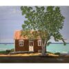 Painting of a small brown house by turquoise water. A large green tree stands in front of the house.