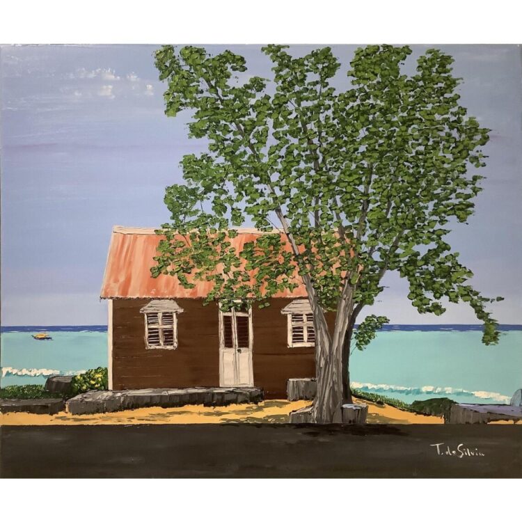 Painting of a small brown house by turquoise water. A large green tree stands in front of the house.