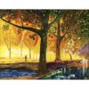 Painting of a park with large tress full of green leaves. The sky is a mix or orange and yellow. A woman walks her dog.