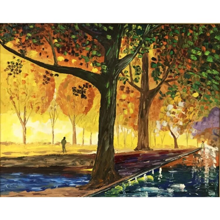 Painting of a park with large tress full of green leaves. The sky is a mix or orange and yellow. A woman walks her dog.